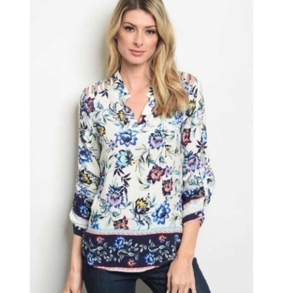 Plus Size White/Blue Floral Blouse NEW